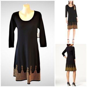 NWT NINE WEST Sweater Knit Black Gold Border Print Dress Sz S Office Work Travel